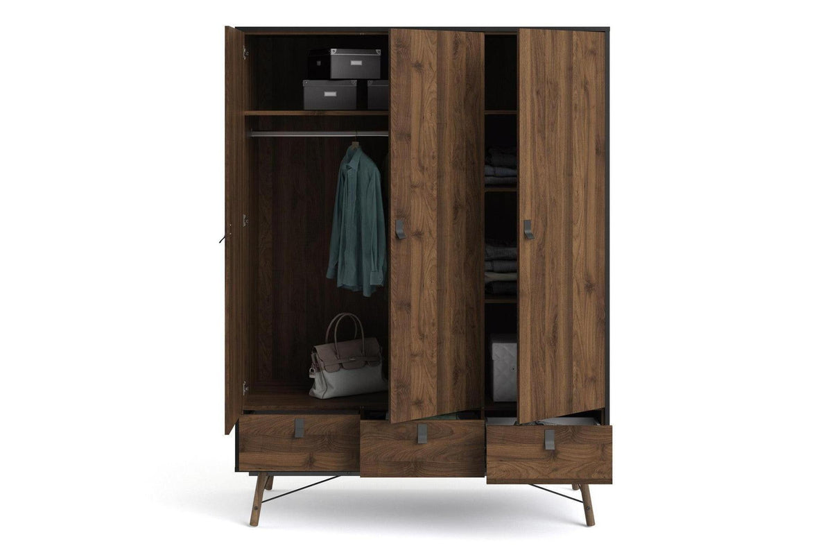 Ry Wardrobe 3 Doors 3 Drawers in Matt Black Walnut