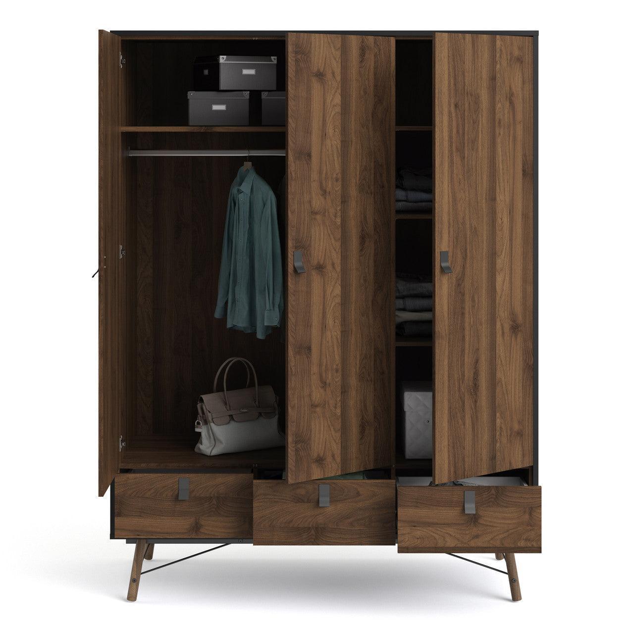 Ry Wardrobe 3 Doors + 3 Drawers in Matt Black Walnut