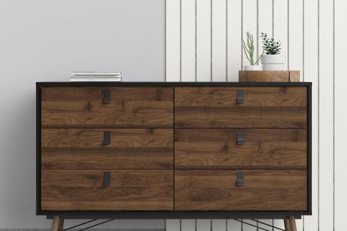 Ry Wide Double Chest 6 Drawers Matt Black Walnut