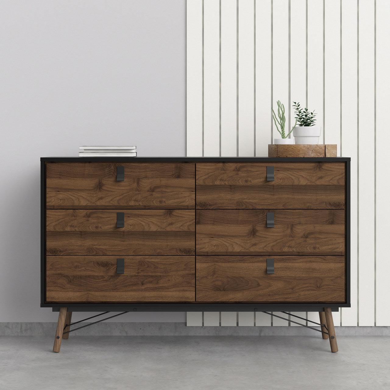 Ry Wide Double Chest of 6 Drawers in Matt Black Walnut