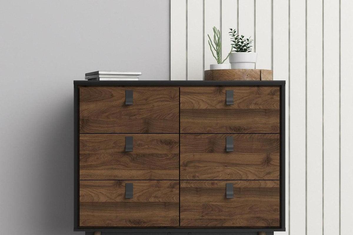 Ry Wide Double Chest 6 Drawers Matt Black Walnut