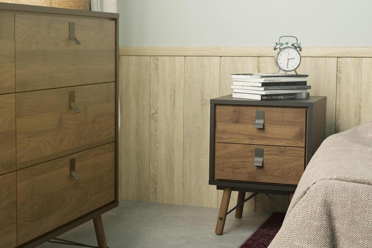 Ry Bedside Cabinet 2 Drawer In Matt Black Walnut