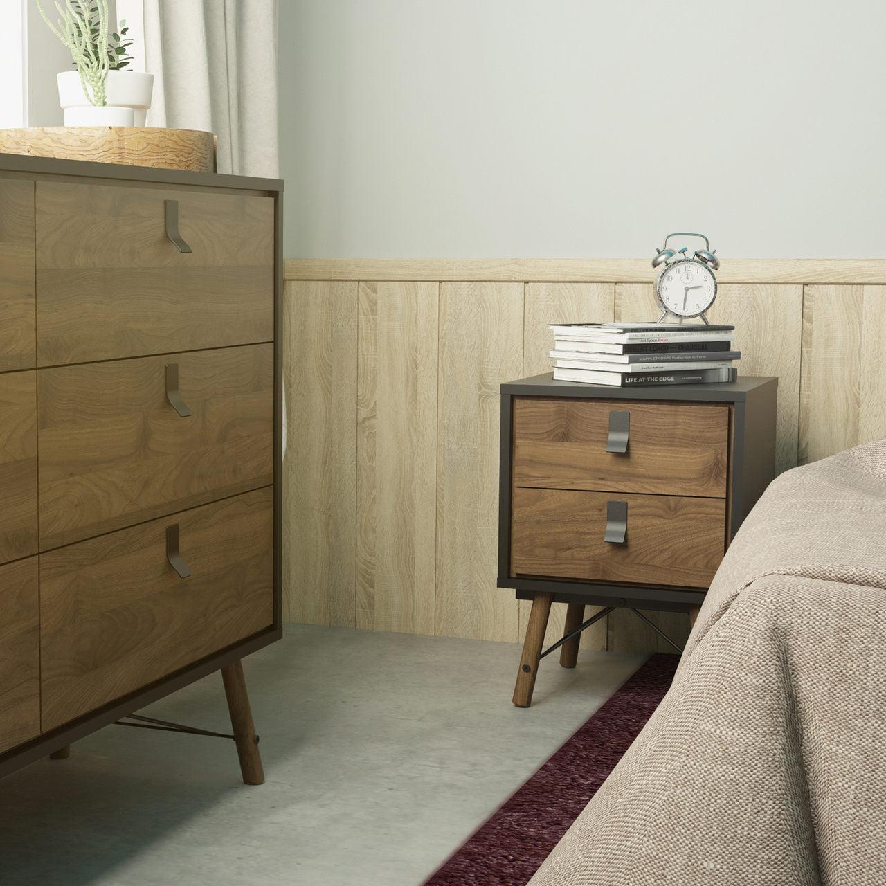 Ry Bedside Cabinet 2 Drawer in Matt Black Walnut