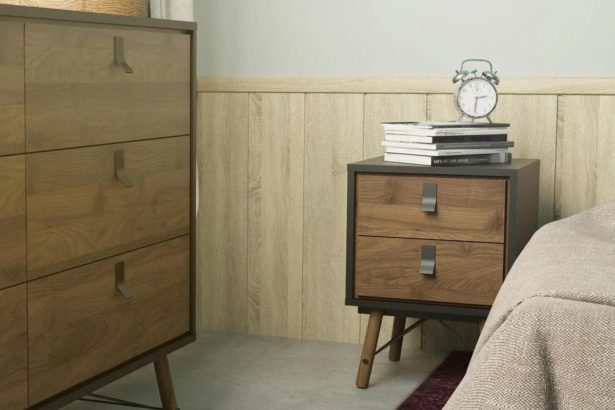 Ry Bedside Cabinet 2 Drawer In Matt Black Walnut