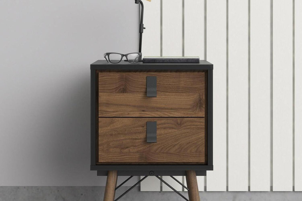 Ry Bedside Cabinet 2 Drawer In Matt Black Walnut