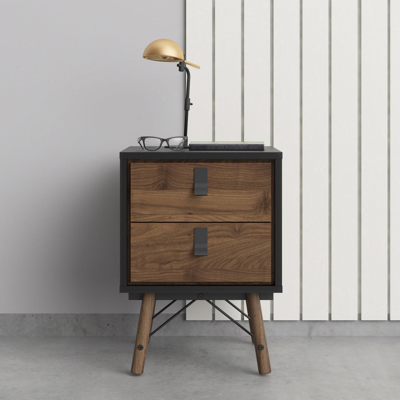 Ry Bedside Cabinet 2 Drawer in Matt Black Walnut