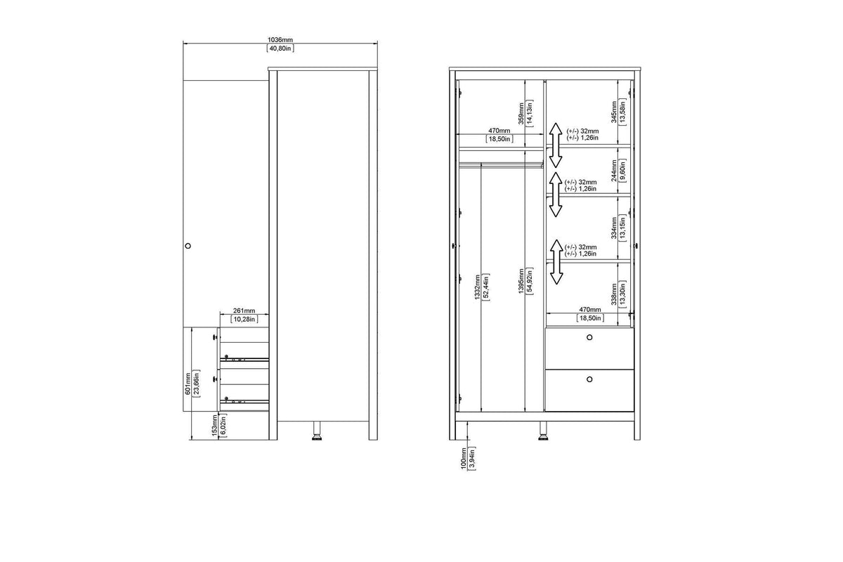 Barcelona Wardrobe With 1 Door 1 Mirror Door 2 Drawers In White