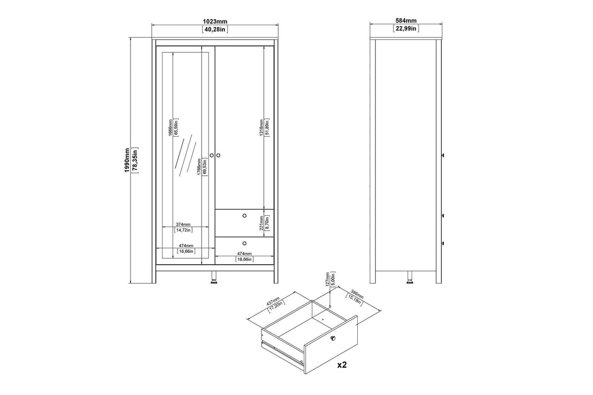 Barcelona Wardrobe With 1 Door 1 Mirror Door 2 Drawers In White