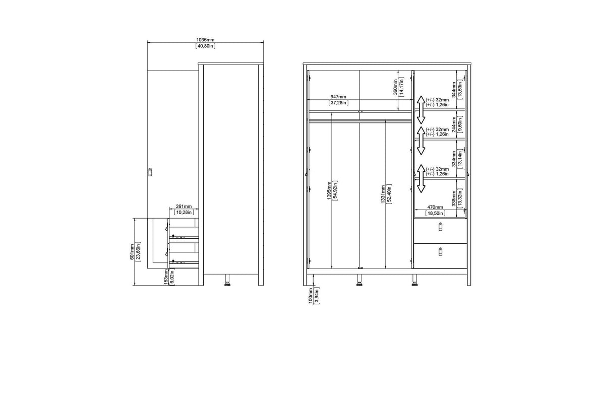 Barcelona Wardrobe With 2 Doors 1 Mirror Door 2 Drawers In White