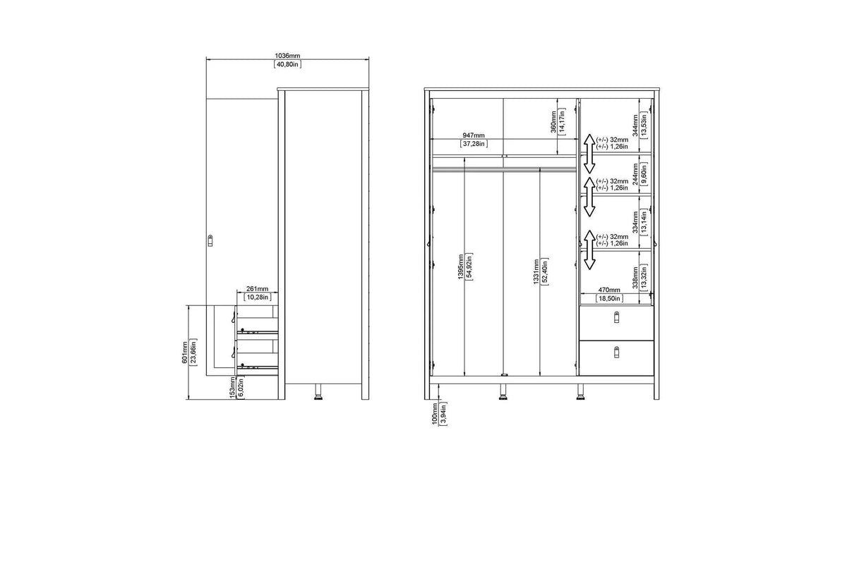 Barcelona Wardrobe With 2 Doors 1 Mirror Door 2 Drawers In White
