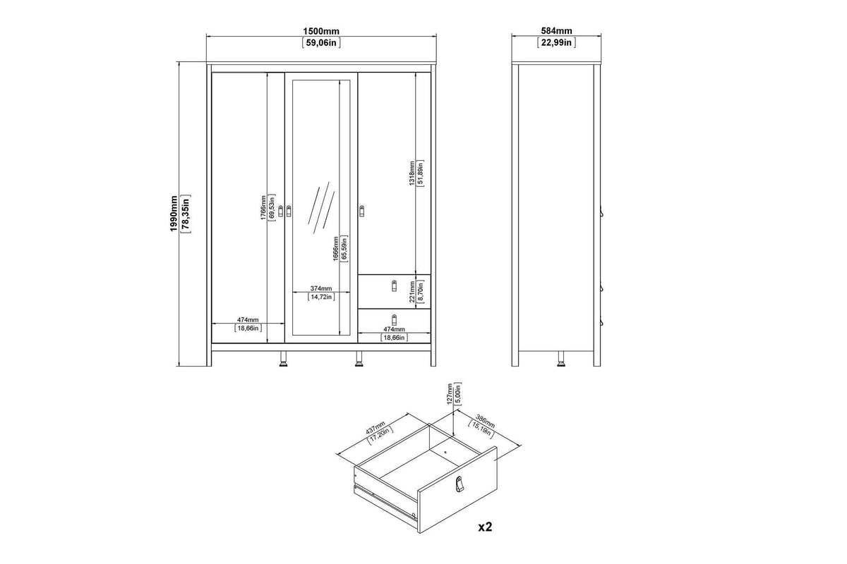 Barcelona Wardrobe With 2 Doors 1 Mirror Door 2 Drawers In White