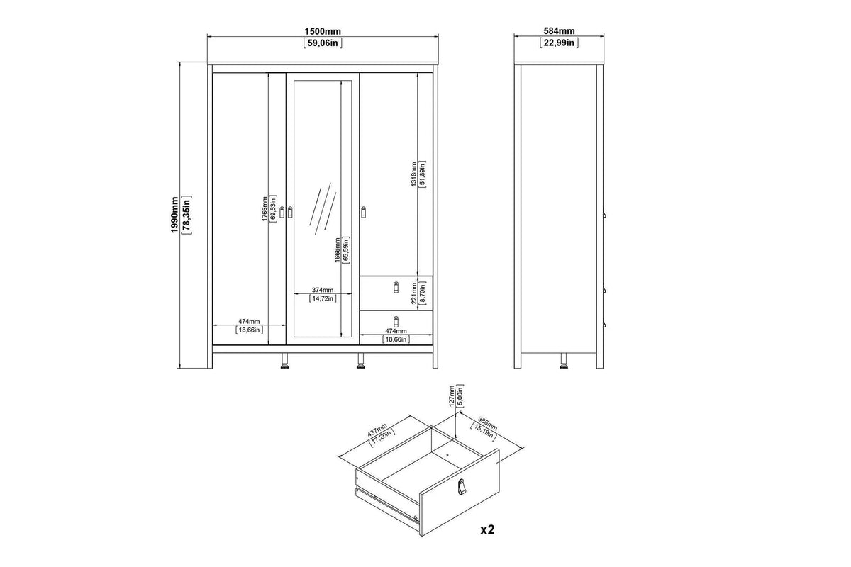 Barcelona Wardrobe With 2 Doors 1 Mirror Door 2 Drawers In Matt Black dimensions