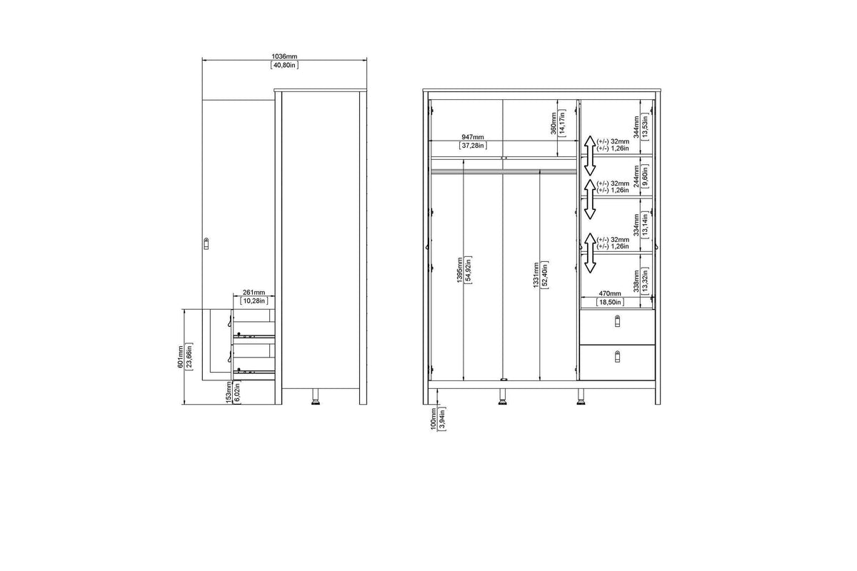 Barcelona Wardrobe With 2 Doors 1 Mirror Door 2 Drawers In Matt Black