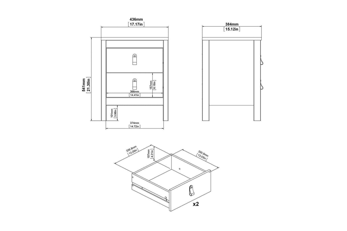 Barcelona Bedside Table 2 Drawers In White