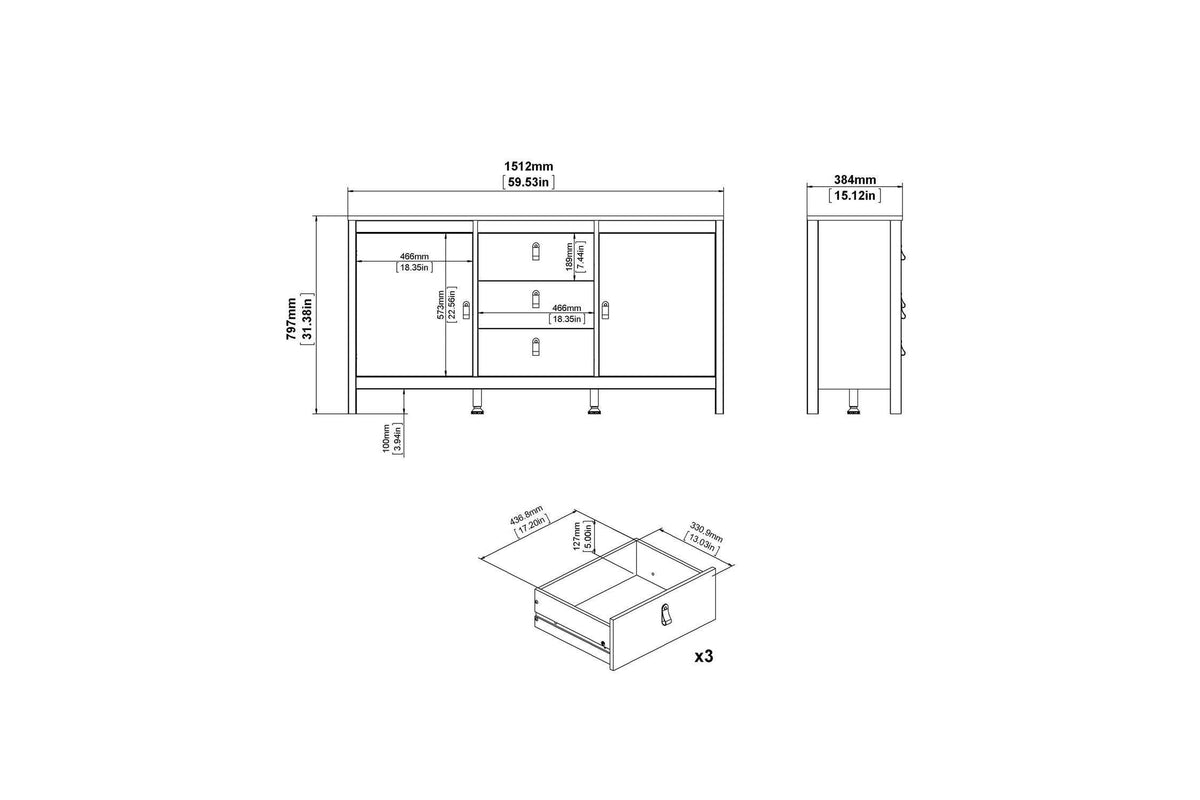 Barcelona Sideboard 2 Doors 3 Drawers In White