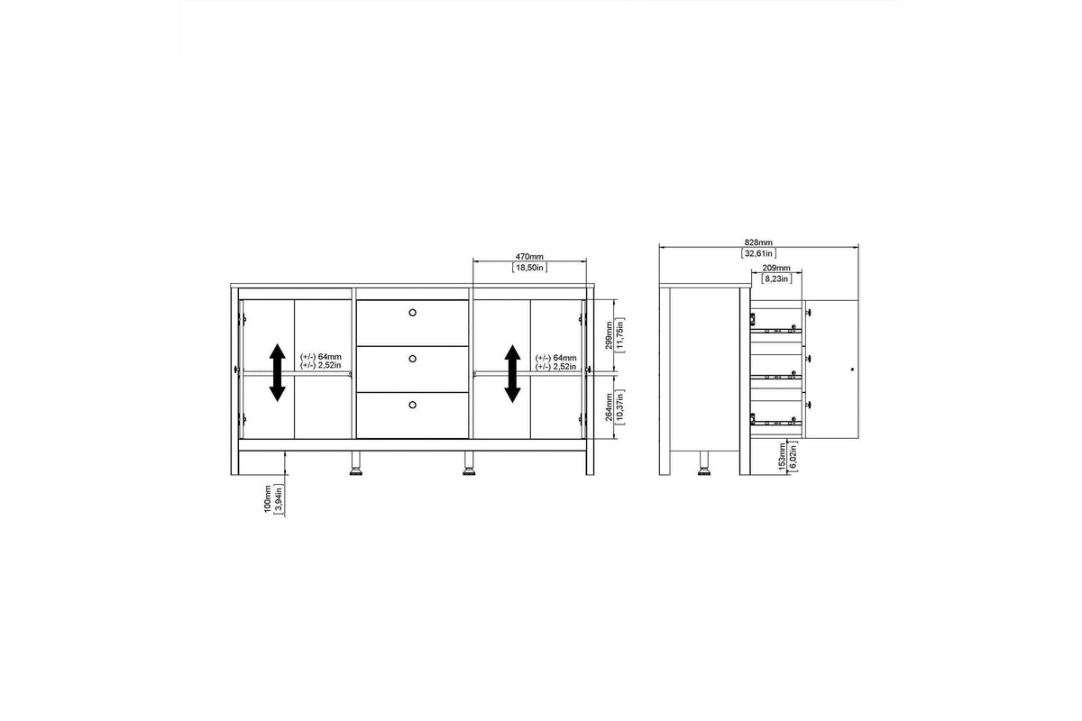 Barcelona Sideboard 2 Doors 3 Drawers In Matt Black
