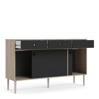 Rome Sideboard 2 Sliding Doors + 3 Drawers in Jackson Hickory Oak and Matt Black