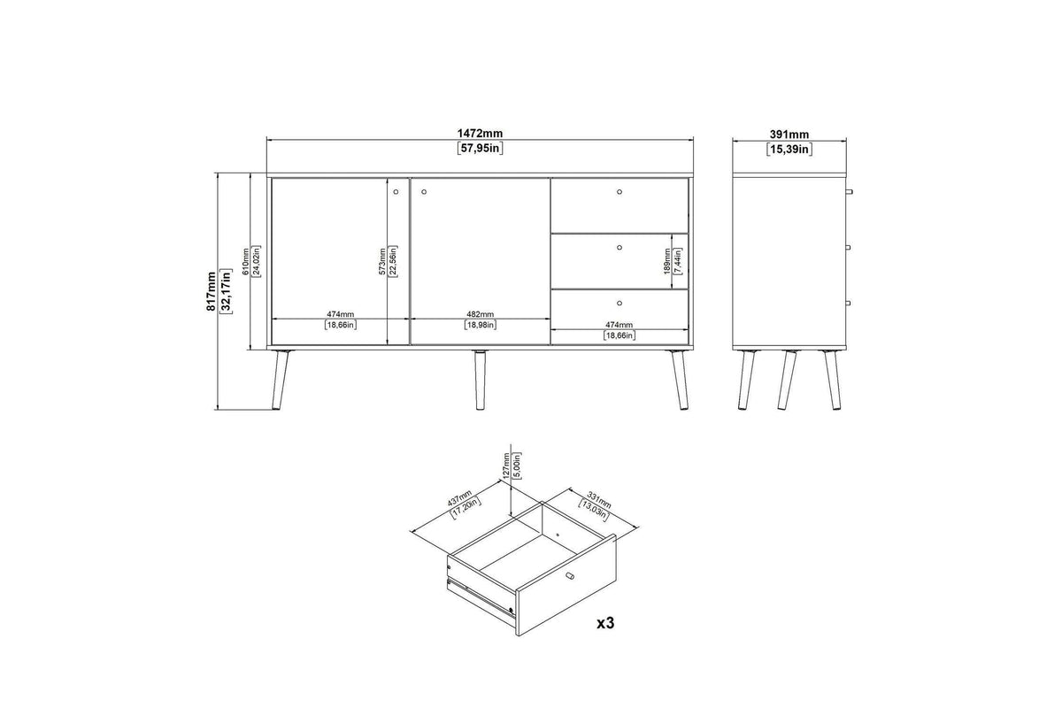 Cumbria Sideboard 2 Doors + 3 Drawers White