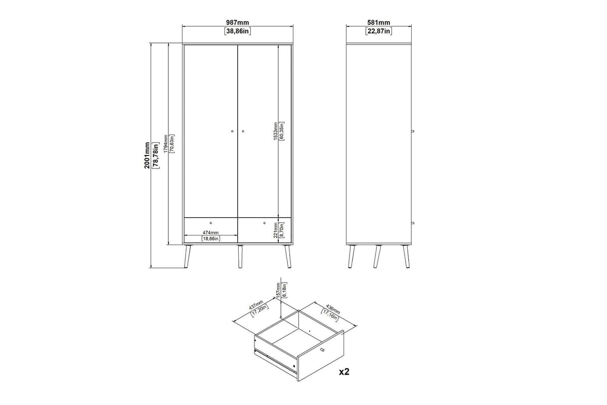 Cumbria Wardrobe With 2 Doors + 2 Drawers White