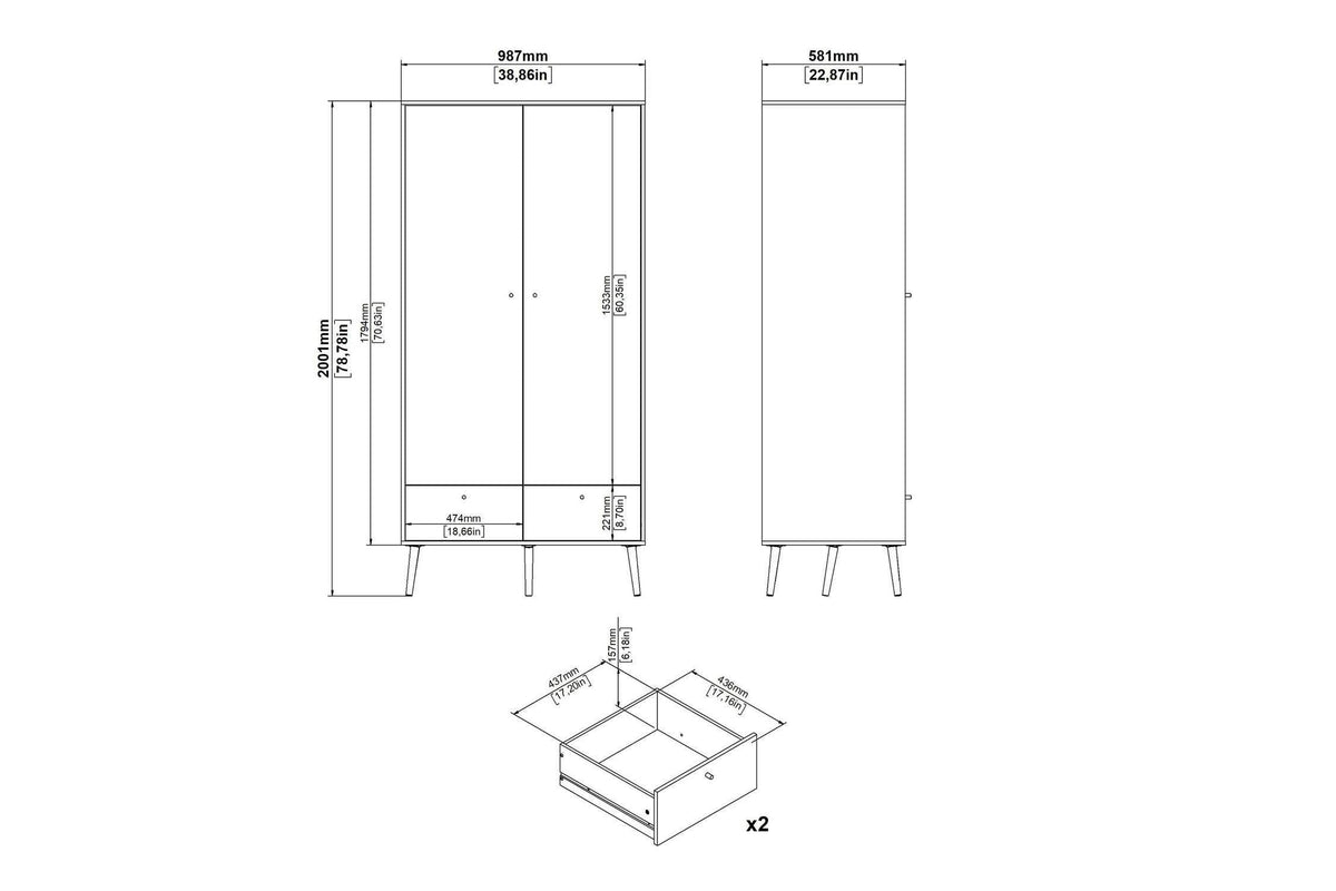 Cumbria Wardrobe With 2 Doors + 2 Drawers Dark Grey