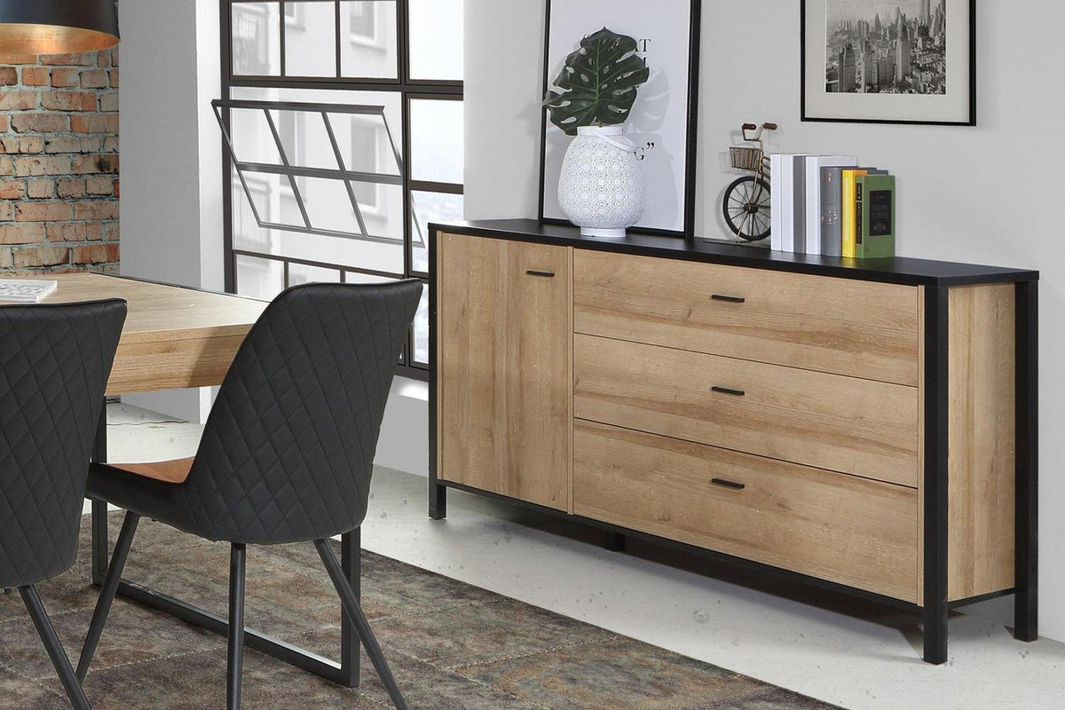 High Rock 1 Door 3 Drawer Sideboard In Matt Black/Riviera Oak