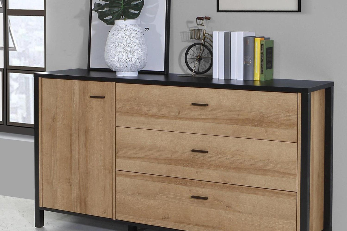 High Rock 1 Door 3 Drawer Sideboard In Matt Black/Riviera Oak