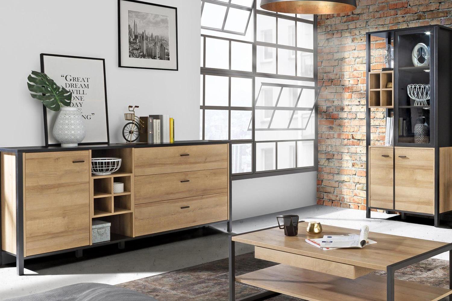 High Rock (Large) Sideboard In Matt Black/Riviera Oak