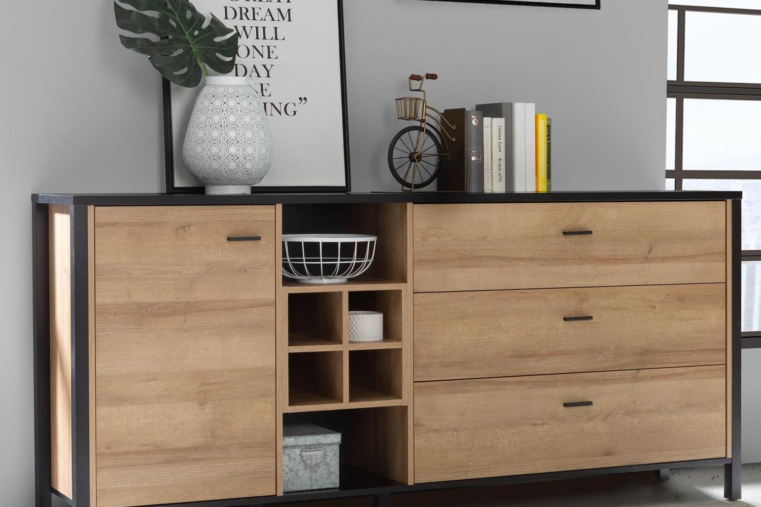 High Rock (Large) Sideboard In Matt Black/Riviera Oak
