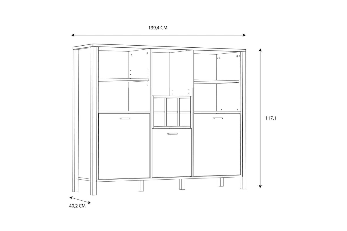 High Rock Wide Shelf Unit in Matt Black/Riviera Oak With 3 Drawers