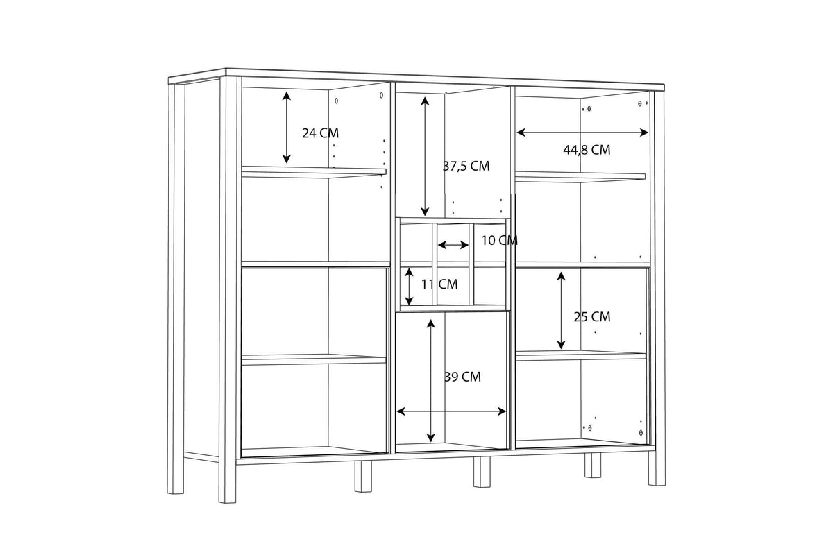 High Rock Wide Shelf Unit in Matt Black/Riviera Oak With 3 Drawers