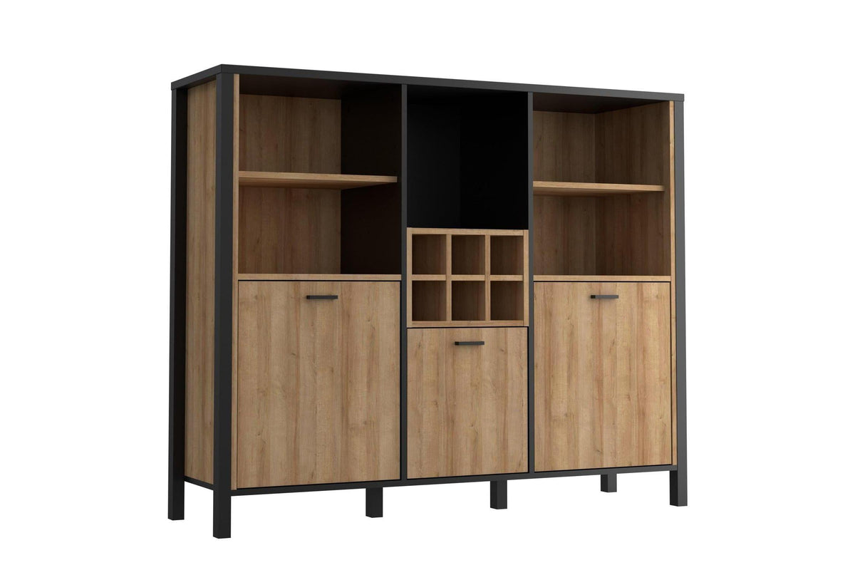 High Rock Wide Shelf Unit in Matt Black/Riviera Oak With 3 Drawers
