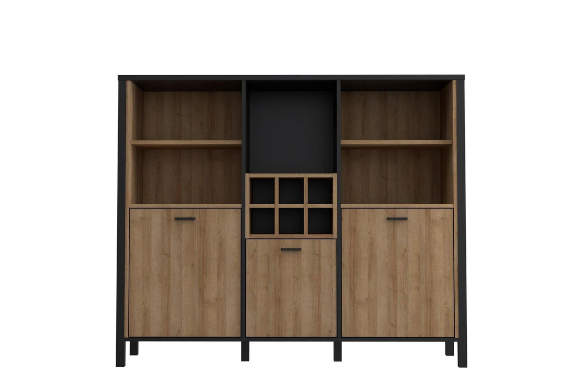 High Rock Wide Shelf Unit in Matt Black/Riviera Oak With 3 Drawers