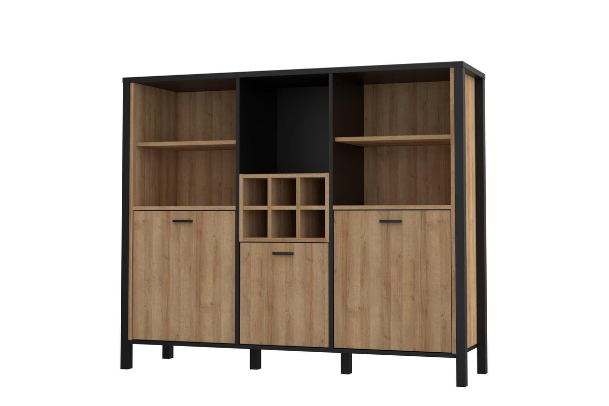 High Rock Wide Shelf Unit in Matt Black/Riviera Oak With 3 Drawers