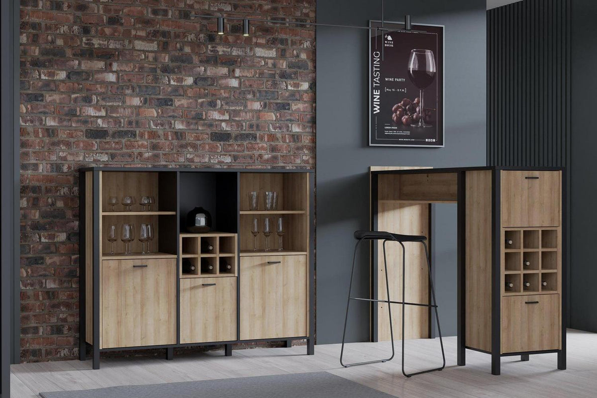 High Rock Wide Shelf Unit in Matt Black/Riviera Oak With 3 Drawers