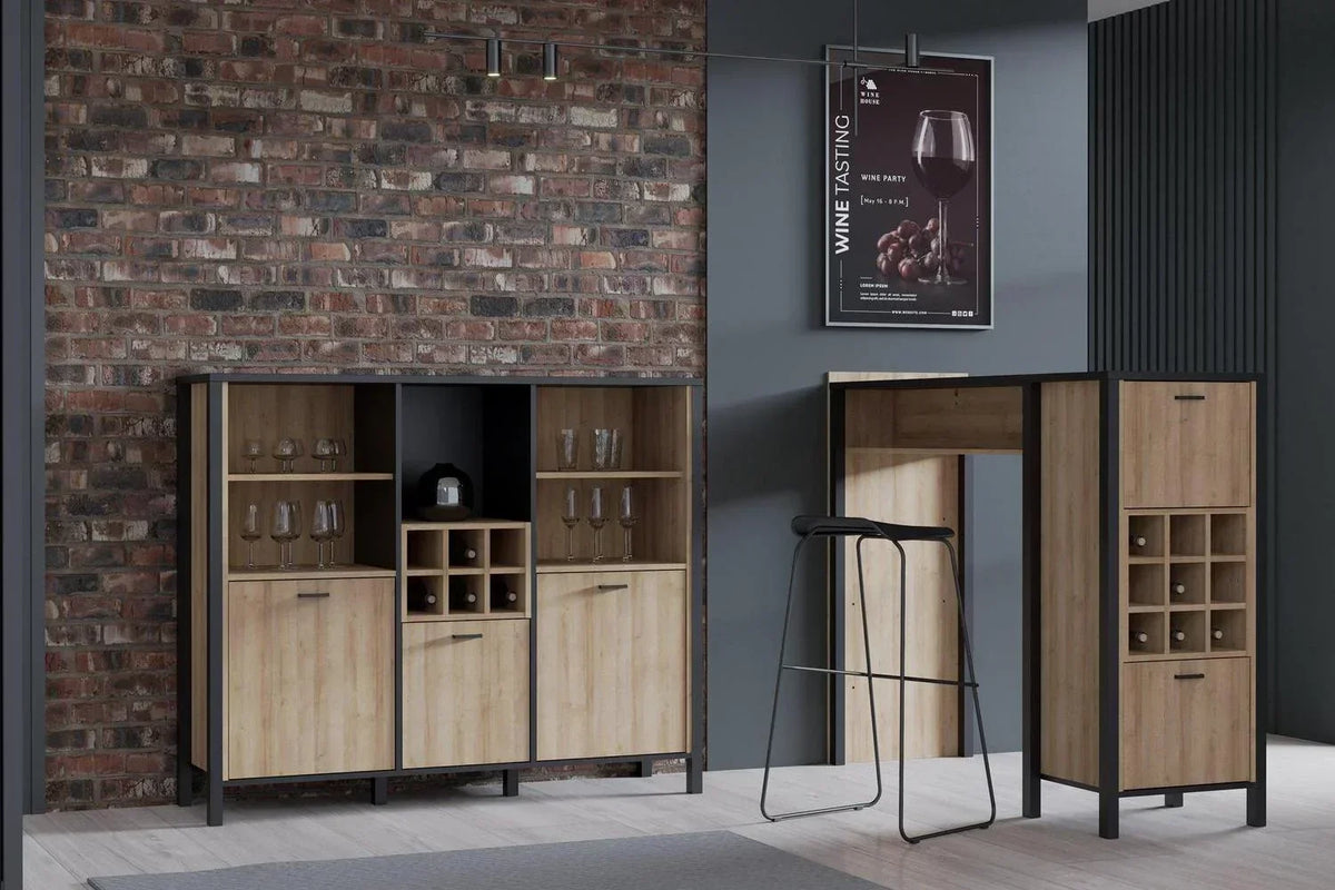 High Rock Wide Shelf Unit in Matt Black/Riviera Oak With 3 Drawers