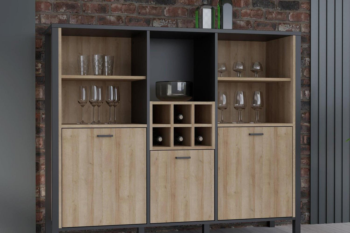 High Rock Wide Shelf Unit in Matt Black/Riviera Oak With 3 Drawers