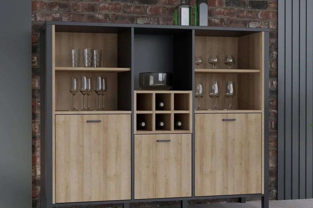 High Rock Wide Shelf Unit in Matt Black/Riviera Oak With 3 Drawers
