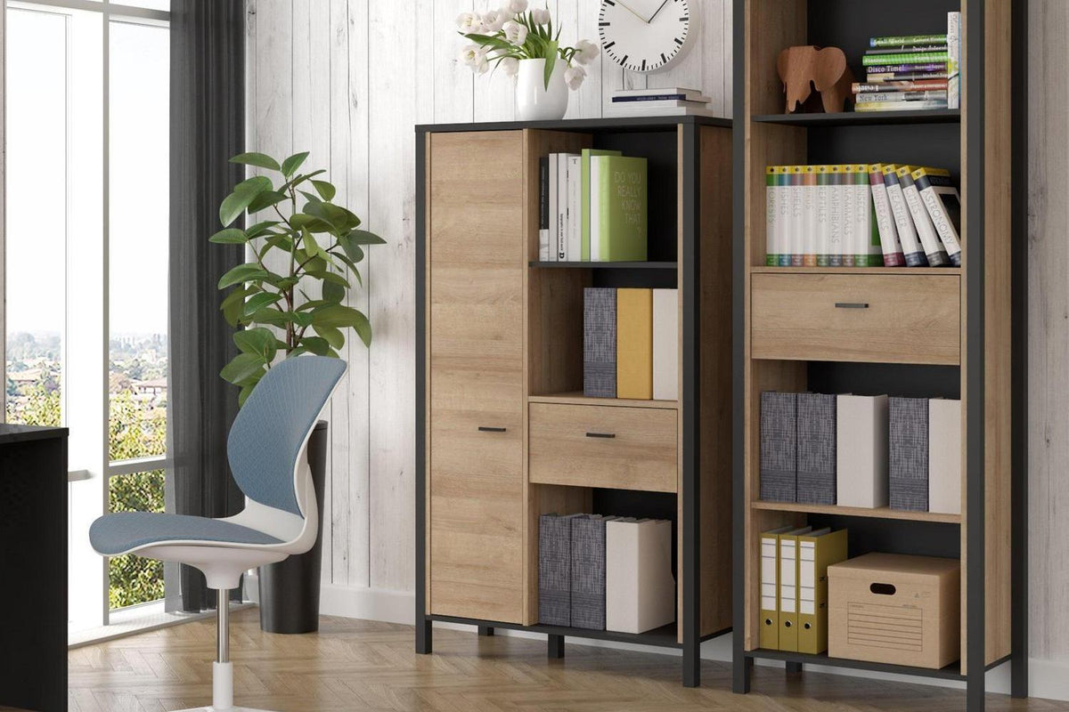 High Rock Wide Shelf Unit in Matt Black/Riviera Oak With 3 Drawers