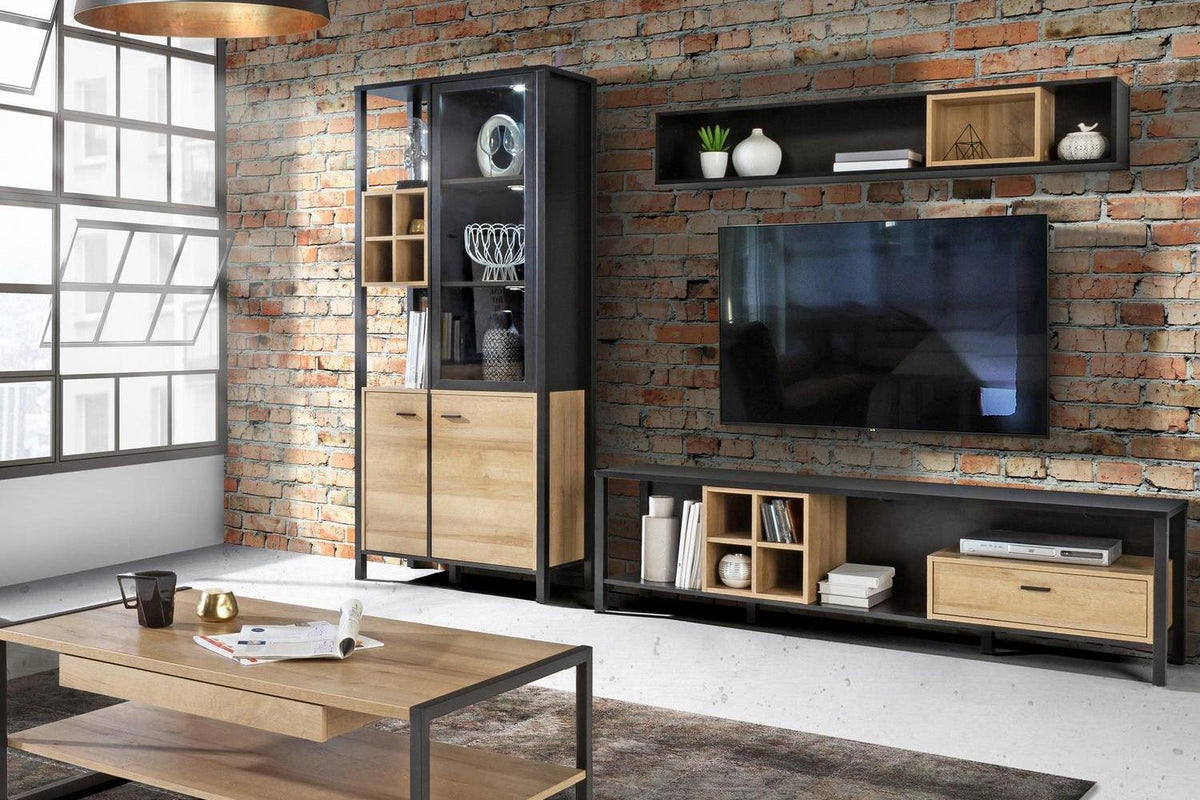 High Rock Wide TV Unit in Matt Black/Riviera Oak