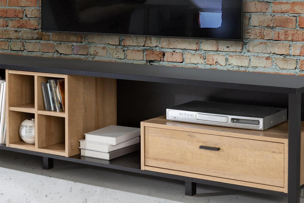 High Rock Wide TV Unit in Matt Black/Riviera Oak