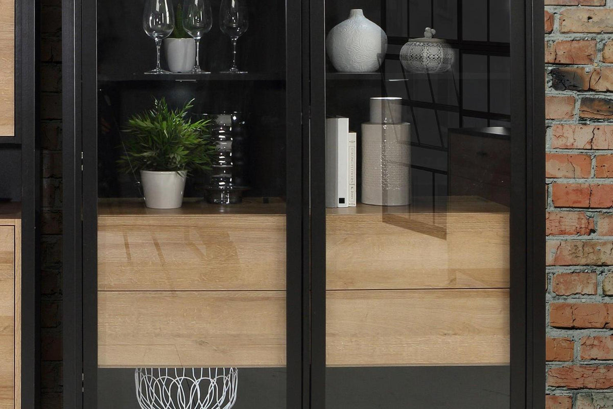 High Rock Extra Wide Display Cabinet In Matt Black/Riviera Oak