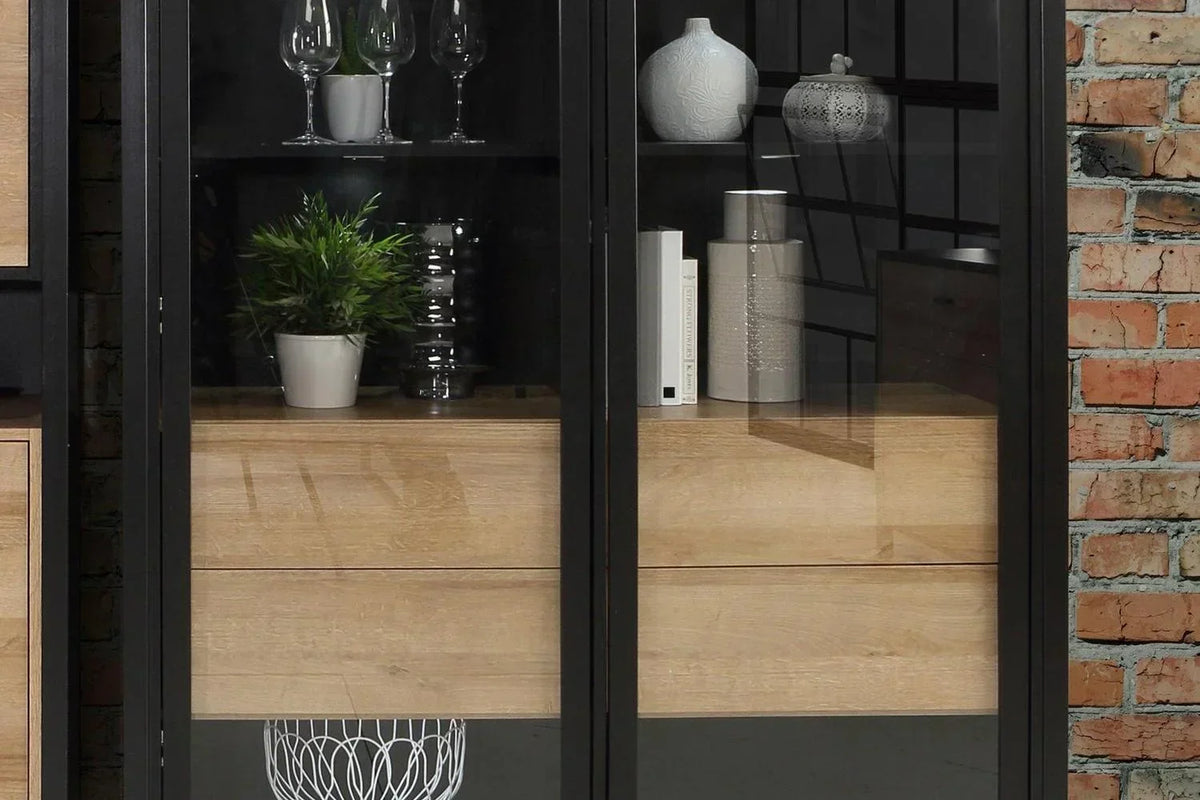High Rock Extra Wide Display Cabinet In Matt Black/Riviera Oak