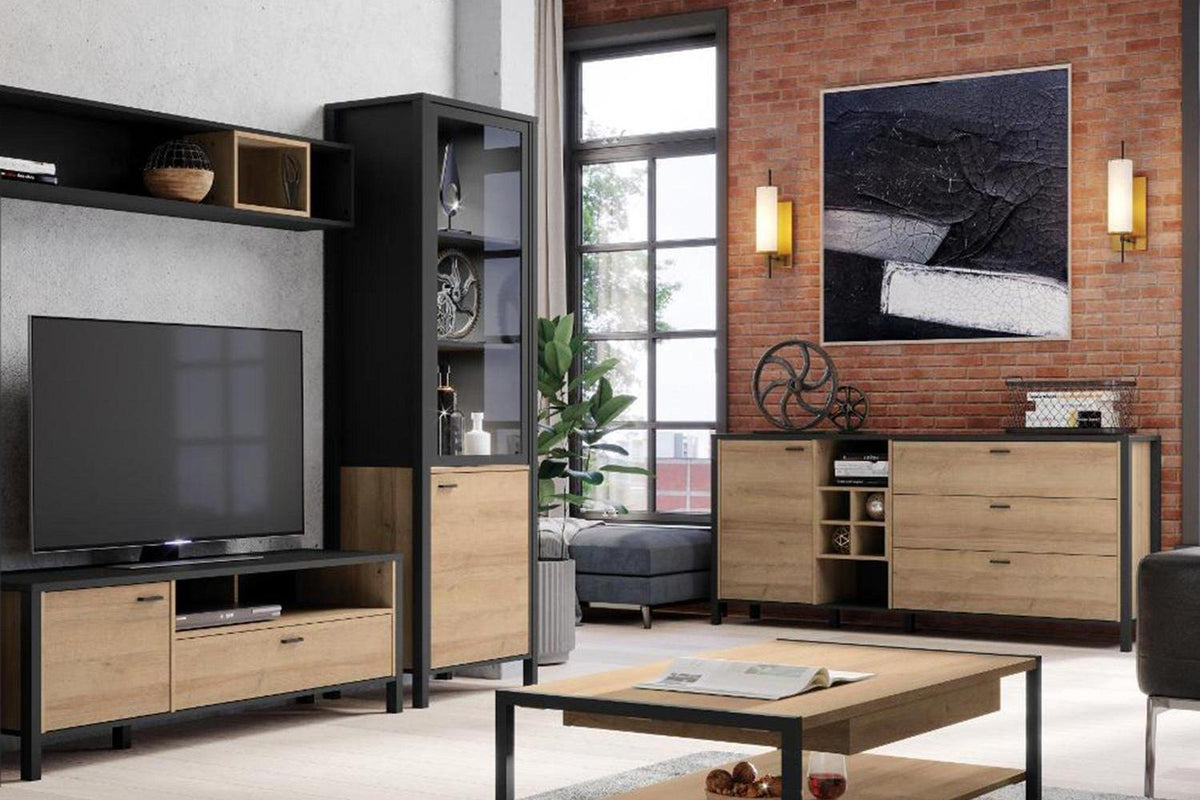 High Rock Wide Display Cabinet In Matt Black/Riviera Oak