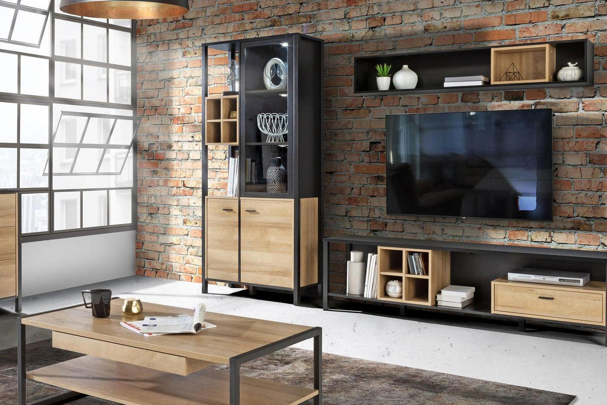 High Rock Display Cabinet In Matt Black/Riviera Oak