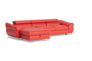 A modern sectional sofa in bright red leather with a chaise lounge, supported by slim silver metal legs, shown on a plain white background.