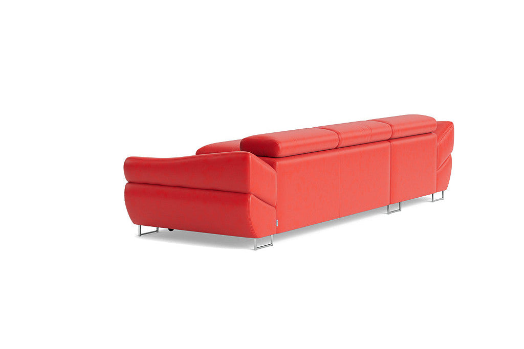 A modern red leather sectional sofa with slim chrome legs, shown from a three-quarters angle on a plain white background.