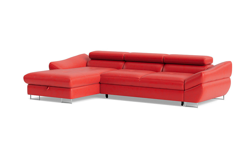 A modern red leather sectional sofa with an L-shaped chaise lounge and slim silver metal legs, shown against a plain white background.