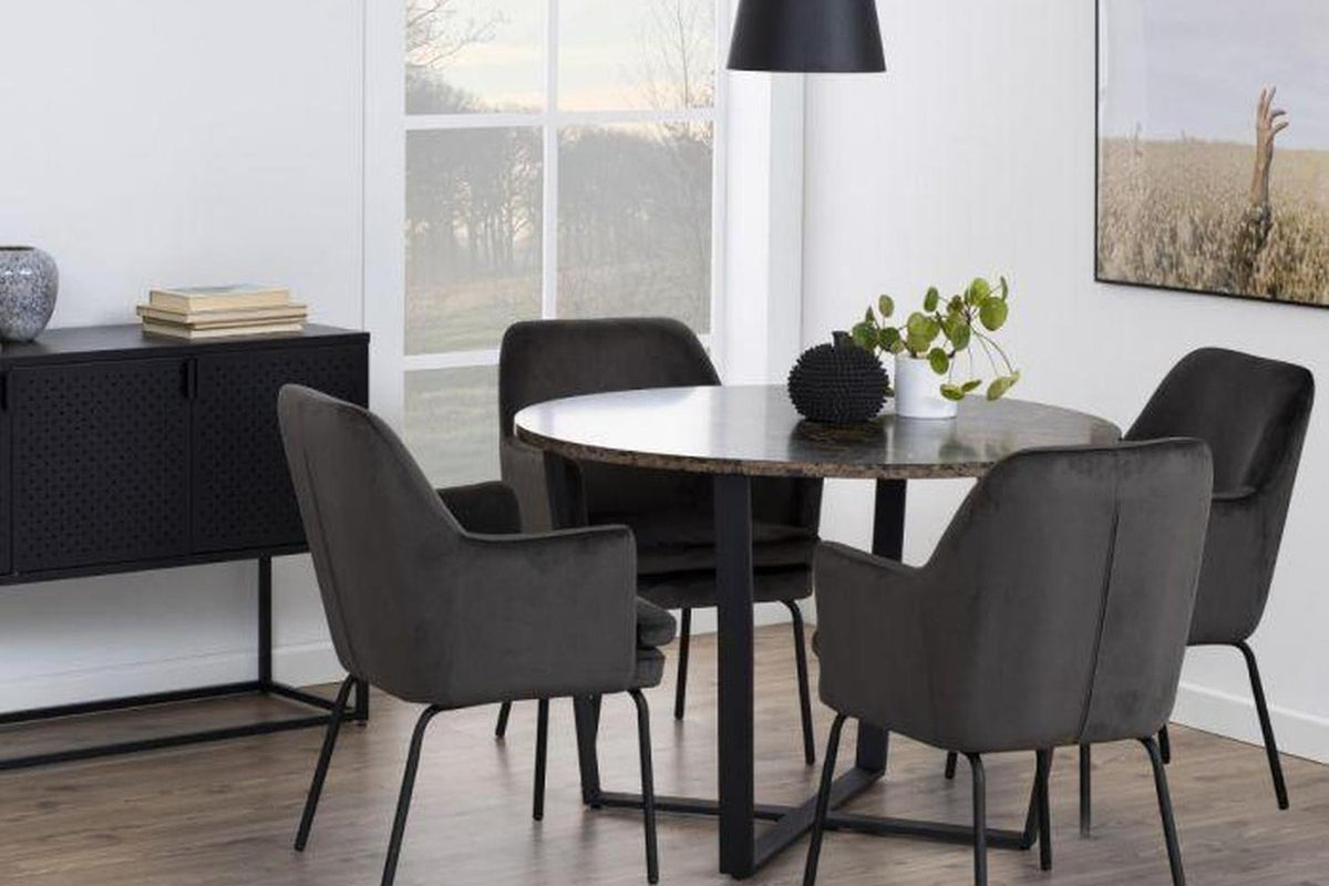 Amble Round Dining Table with Brown Marble Melamine Top & Black Legs 110cm