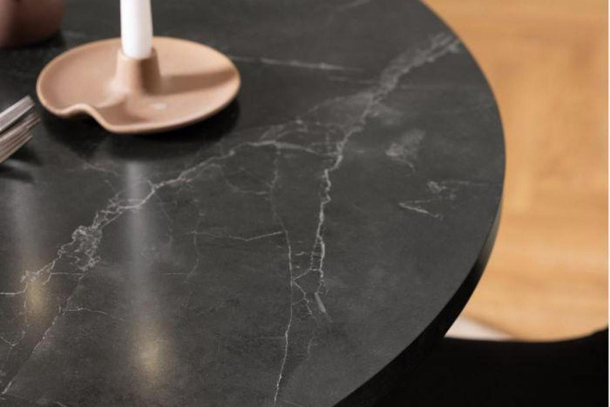Amble Round Dining Table with Black Marble Melamine Top & Black Legs 110cm