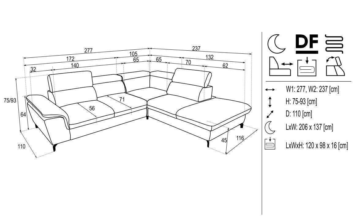 Alegra Corner Sofa Bed With Storage dimensions